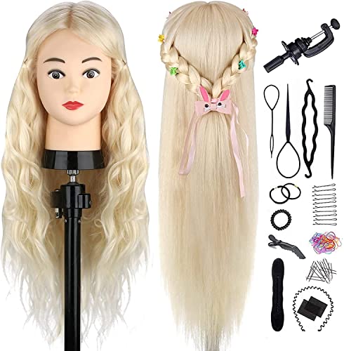 Mannequin Head with 80% Real Hair, TopDirect 24" Blonde Human Hair Styling Hairdressing Cosmetology Mannequin Manikin Training Practice Head with Clamp and Tools - Blonde