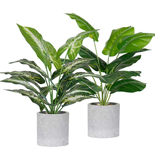 Der Rose 2 Pack Fake Plants Artificial Potted Faux Plants for Office Desk Home Farmhouse Decor - Taro Leaf and Greenery Leaf - 2Packs 16''