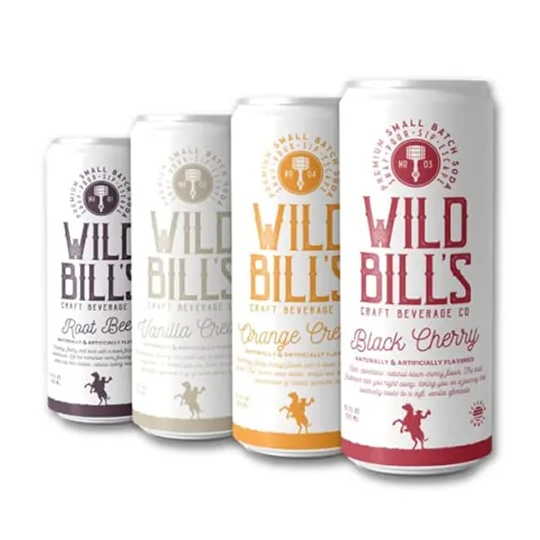 
                            Wild Bill's - 4-Flavor Soda Variety Sampler, Root Beer + Vanilla Cream + Black Cherry + Orange Cream, Pure Cane Sugar, NO High Fructose Corn Syrup, Caffeine Free, Gluten Free, Vegan (12 oz, 12-Pack)
                        