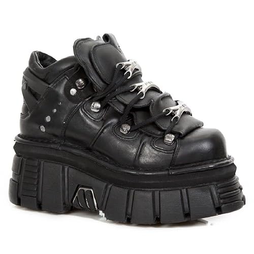 New Rock 106 S29 Unisex Goth Punk Black Metallic Platform Ankle Boots - 6 UK - Black
