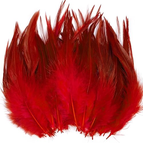 100pcs Feathers for Crafts, 5-7Inch Rooster Saddle Hackle Feathers Pheasant Neck Feathers for Earrings Jewelry Making Dream Catcher Decoration (Red) - Red