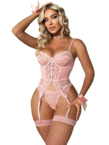 WDIRARA Women's Sexy Lingerie Set Floral Lace Garter Bustier Lingerie Set with 1Pair Fishnet Stocking - Small - Light Pink