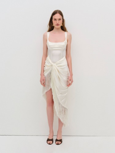 Anisa Fringe Midi Dress — Ivory