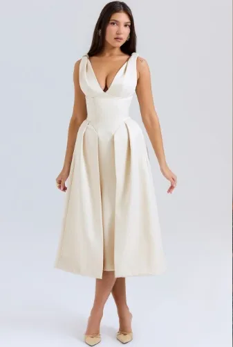 Paloma Vintage Cream Satin Pleated Midi Dress