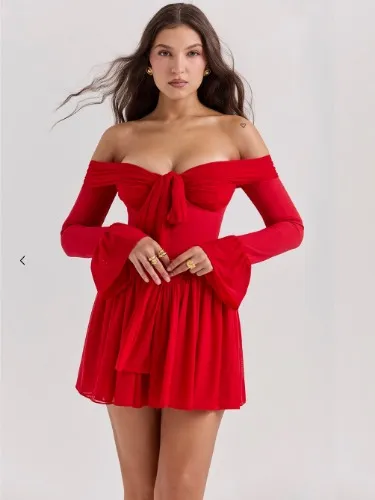 Alana Scarlet Off Shoulder Dress