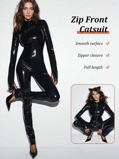 女性用PUレザースリムフィットジップミニマリストカジュアル デイリーオールインワン