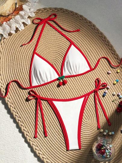 SHEIN Swim レディース ホリデー カラーブロック 3D チェリー装飾 ホルターネック タイ セクシー ビキニセット