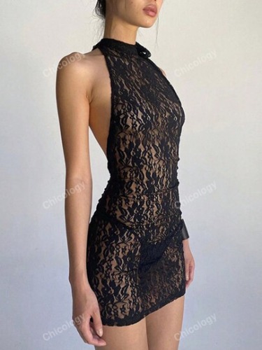 フローラルレース ホルターネック オープンバック パンティーなし ボディコンドレス