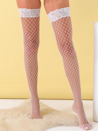 ペア レディース ホワイト レース フラワー & フィッシュネット オーバーニー ストッキング、夏に最適