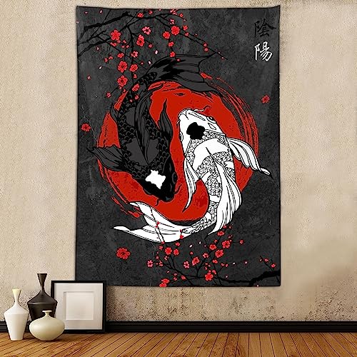 Japanese Yin Yang Koi Fish Tapestry, Cool Red and Black Anime Sakura Art Tapestries Vertical Wall Hanging for Bedroom Living Room Office Decor 40X60, Asian Cherry Blossoms Poster Blanket - Black - 60X40