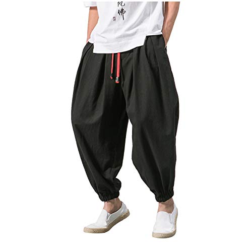 Loose Fit Hippie Harem Pants Men's Drawstring Elastic Waist Lightweight Home Casual Men's Drop Crotch Trouser - Black - Medium
