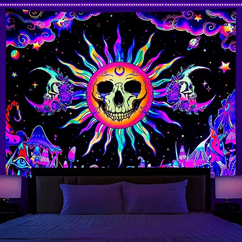 Jasion Blacklight Sun and Moon Tapestry UV Reactive Burning Sun Skull Mushroom Tapestry Mystic Wall Hanging Poster Tapestry Art for Home Headboard Dorm Decor in 51x60 Inches - 1