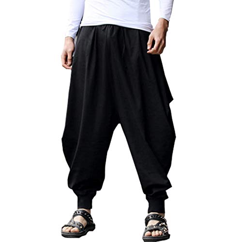 BITLIVE Men's Cotton Linen Plus Size Stretchy Waist Casual Ankle Length Pants, One Size - Black