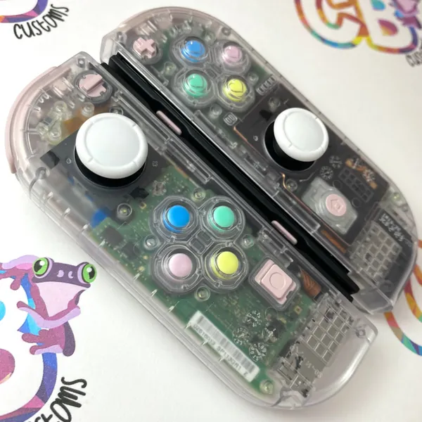CB Customs, Custom Clear Sakura Pink & Pastel Hearts Nintendo Switch Joycons Controllers