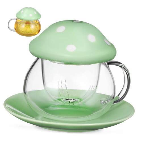 MUSISALY Paddestoel Cup Leuke Sets Glas Thee Cup Paddestoel Thee Beker Theepot Met Zeef Filter Zetgroep Mooie Thee Mok Met Deksel Nieuwigheid Cup Thee Beker Met Zeef Water Mok Glas Beker