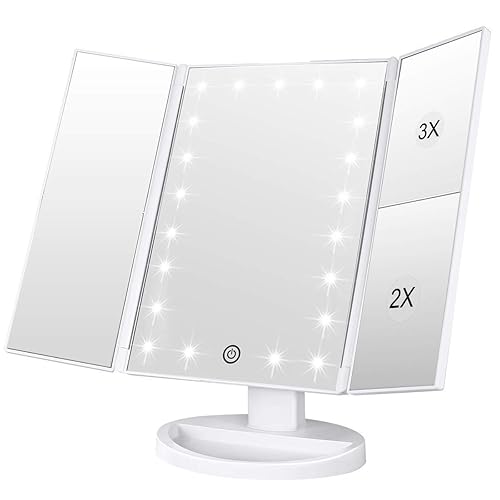 WEILY Vanity Makeup Mirror,1x/2x/3x Tri-Fold Makeup Mirror with 21 LED Lights and Adjustable Touch Screen Lighted Mirror Dressing Mirrors for Women(White) - White