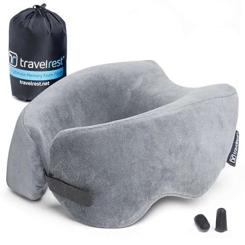 TRAVELREST Nest Memory Foam Travel Pillow & Neck Pillow - Advanced Neck Support for Long Flights - Patented Design for Optimal Relaxation - Long Travel - Unmatched Sleep - Washable Cover - Gray - Grey