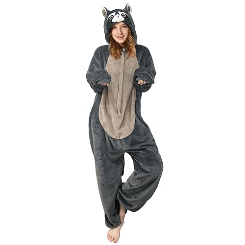 OLAOLA Adult Onesie, Animal Costume, Unisex Onesies Plush Halloween Cosplay Pajamas Party One-Piece Sleepwear - M - Raccoon