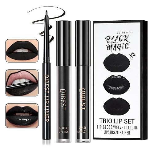 3Pcs Black Matte Liquid Lipstick and Lip Liner Set - Black Lip Gloss Stain Lipliner Set, Moisturizing Velvet Liquid Lipstick Lipgloss/Non-Stick Cup Lip Stain for Halloween Goth Makeup