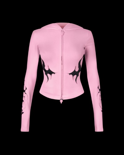 SINNER LACE CUT OUT SCULPT STRETCH ZIP HOODIE BABY PINK | XS