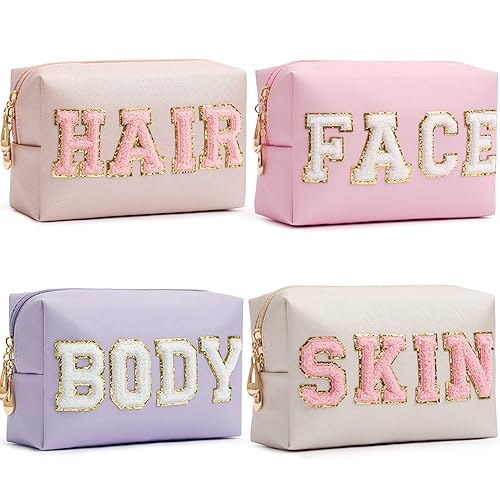 HBselect 4 Pcs Chenille Letter Patch Makeup Bags - Portable Waterproof Cosmetic Organizer for Women - Skin, Hair, Face, Body - Shell Gold, Golden Pink, Tender pink, Light Purple