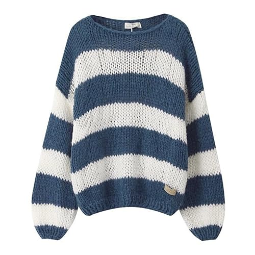 Women Oversized Striped Sweater Y2k Long Sleeve Crewneck Pullover Sweaters Color Block Knit Crop Tops Fall - Blue White Light - Medium