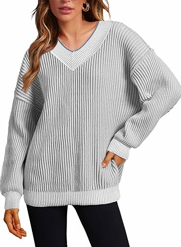 EVALESS Sweater for Women 2024 Fall Trendy V Neck Long Sleeve Pullover Sweaters Loose Casual Color Block Ribbed Knit Tops - Medium - Light Grey