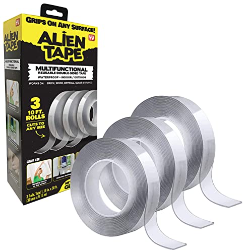 Bell+Howell ALIENTAPE Nano Double Sided Tape, Multipurpose Removable Adhesive Transparent, Grip Mounting, Washable Strong Sticky Heavy Duty for Carpet Photo Frame Poster Décor As Seen On TV - 10 Feet Set of 3 - Tape