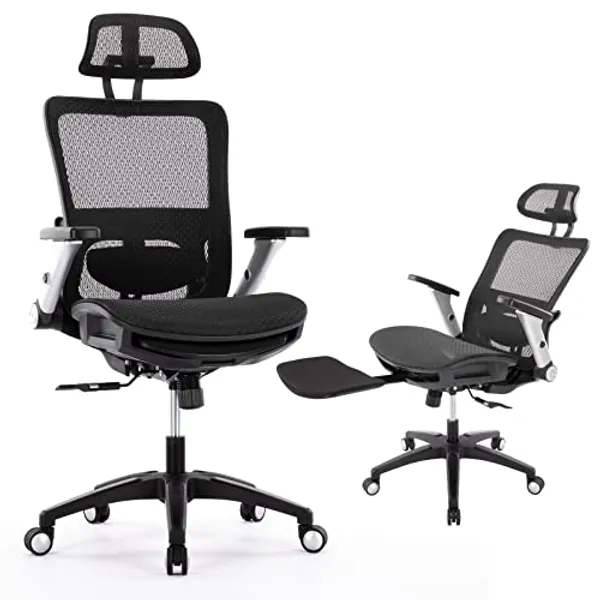 Ergonomic Mesh Office Chair with Footrest, High Back Computer Executive Desk Chair with Headrest and 4D Flip-up Armrests, Adjustable Tilt Lock and Lumbar Support-Black - Black Mesh Chair