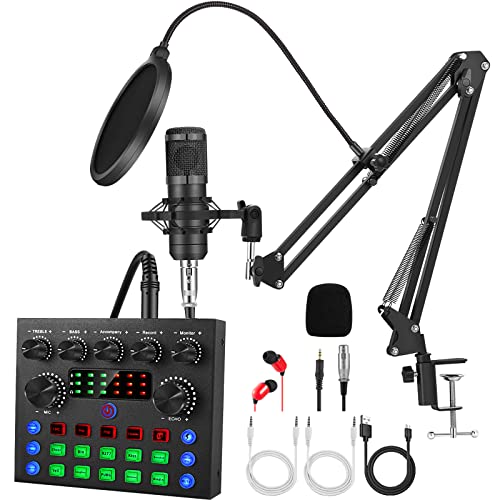 Podcast Equipment Bundle, ALPOWL Audio Interface with Cardioid Designer BM800 Mic for Gamer and All-In-One DJ Mixer, perfect for Live Streaming, Singing, YouTube, Gaming (Black) - V8S-Black