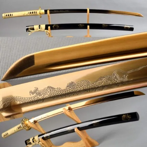 Handmade Gold Blade Japanese Samurai Sword Hand Etching engrave Gold Dragon Katana Full Tang Sharp Can Cut Bamboo Trees