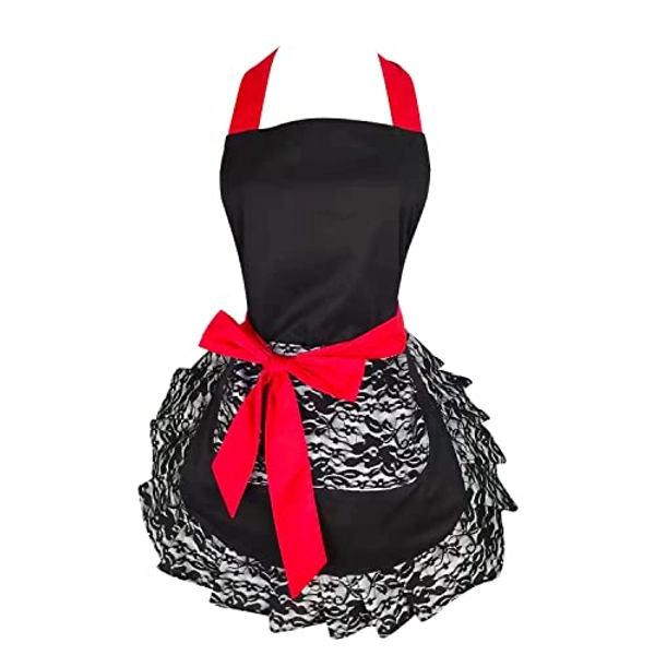 Floosum Black Lace Flirty Apron with Pocket, Fun Retro Sexy Cooking Pinup Aprons for Women Girls - Black Lace