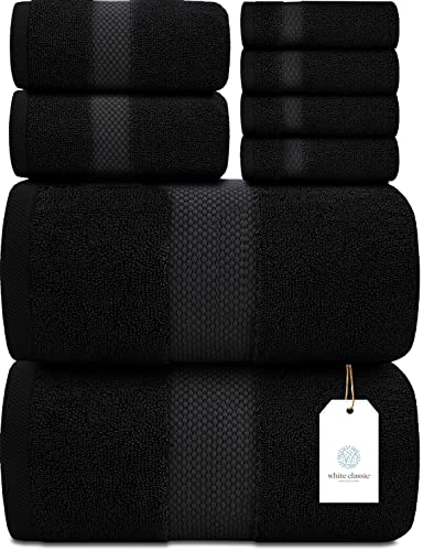 White Classic Luxury Black Bath Towel Set - Combed Cotton Hotel Quality Absorbent 8 Piece Towels | 2 Bath Towels | 2 Hand Towels | 4 Washcloths [Worth $72.95] 8 Pack | Black - Black