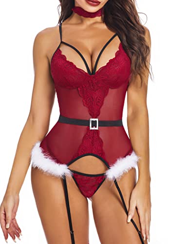 Avidlove Christmas Lingerie for Women Lace Bodysuit Lingerie Set Corset Lingerie Boudoir Outfits - Medium - Christmas Dark Red