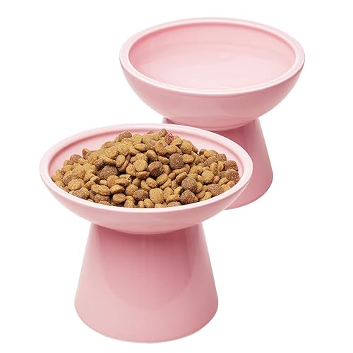 CEEFU 2 Extra Wide Elevated Cat Food Bowl, Ceramic Cat Bowls for Food and Water, Wide Shallow Cat Food Dish, Whisker Fatigue, Lead & Cadmium Free, Great Height for Cat, Pink - Pink