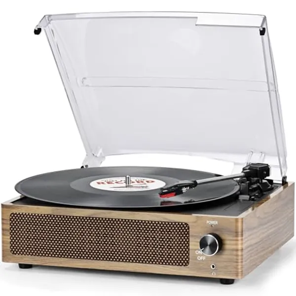 Vinyl Record Player with Speaker Vintage Turntable for Vinyl Records Belt-Driven Turntable Support 3-Speed Wireless Playback Headphone AUX RCA Line LP Vinyl Players for Sound Enjoyment Retro Wood Cyan