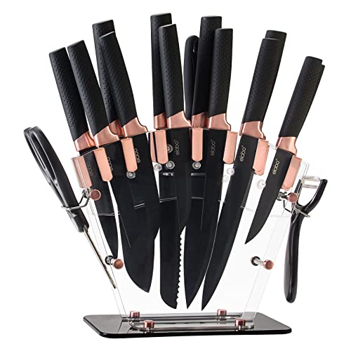 elabo Kitchen Knife Set with Acrylic Stand - 16Pcs Stainless Steel Knives, Rose Gold Handle Includes 6 Sharp Knives, 6 Serrated Steak Knives, Scissors, Peeler, Knife Sharpener with Block - Black