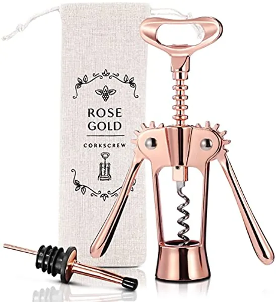 Wine Bottle Opener Wing Corkscrew, Godmorn Rose Gold Beer Bottle Opener with Wine Pourer, Cute Stainless Steel Winged Corkscrew, Pink Cork Screw Wine Accessories For Kitchen Bars Mothers Day Gift