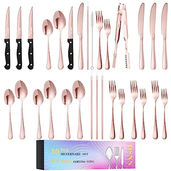 30 Pieces Rose Gold Silverware Sets Plus Serving Tong,Stainless Steel Flatware Set with Metal Straw for 4, DSNN Home Kitchen Utensil Cutlery Set,Include Forks Spoons and Knives Set