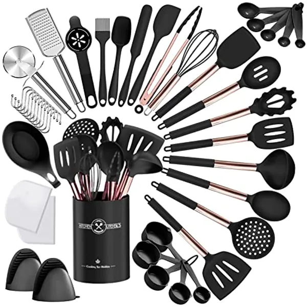 Umite Chef Silicone Kitchen Cooking Utensil Set, 43 pcs Spatula Set with Rose Gold Stainless Steel Handle, Non-stick Heat Resistant - Best Cookware Set-(Black)