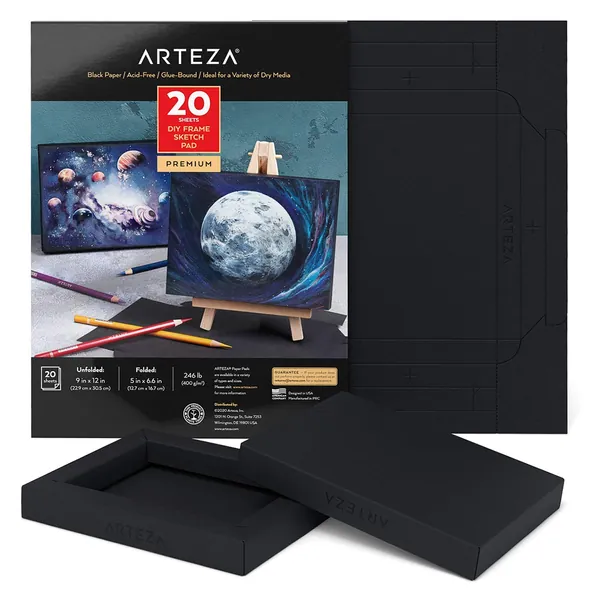 Arteza Black Sketch Paper Foldable Canvas Pad, Folded Size 5x6.6 Inches, 20 Sheets, DIY Frame, Acid-Free Heavyweight Paper 246lb/400GSM for Artists, Art Supplies for a Variety of Dry Media
