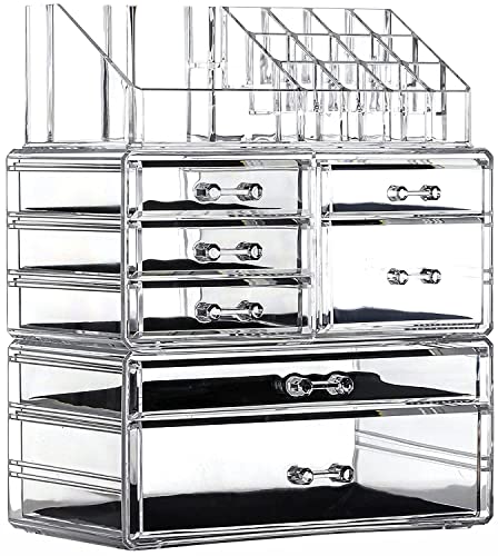 Cq acrylic Makeup Organizer Skin Care Large Clear Cosmetic Display Cases Stackable Storage Box With 7 Drawers,Set of 3 - Clear - Medium-7 drawers With Tray Top