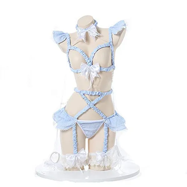 Sexy Cosplay Lingerie Set Kawaii Anime Lolita Underwear Roleplay Outfit Plaid Bra Pantie Pajama with Choker Garter Belt
