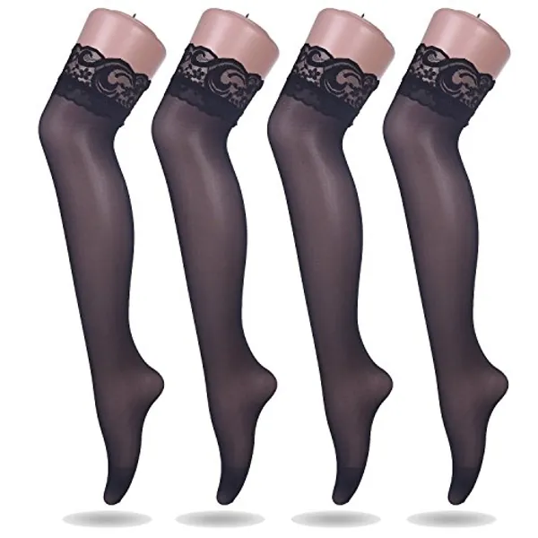 Ruzishun Women's Lace Thigh High Silk Stockings (Black,4 Pairs)