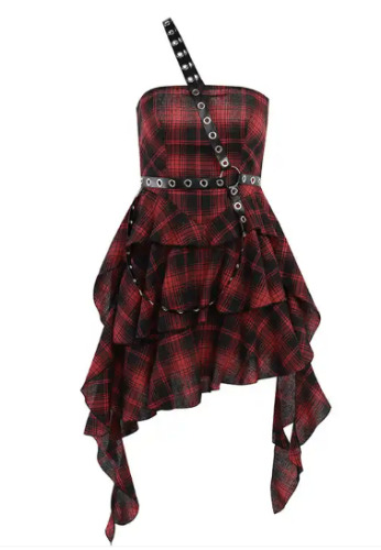Black Burgundy Plaid Goth Punk Dress - Red+black / L