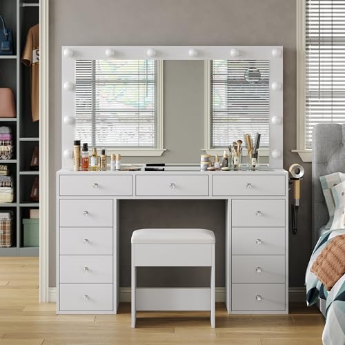 FUSOU Vanity Desk with Power Outlet, Makeup Vanity with Mirror and 12 LED Lights, 3 Lighting Modes,11 Drawers Vanity Table with Chair, Glass Top, Dressing Table for Bedroom,Dressing Room (White) - 11 Drawers - White