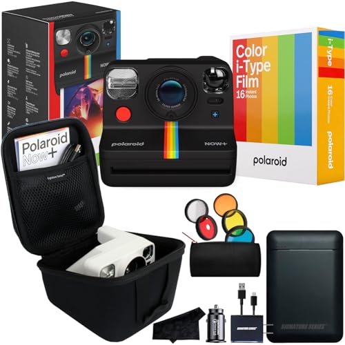 Polaroid Originals Now+ Plus 2nd Generation Bluetooth I-Type Instant Camera with BONUS Lens Filter Kit, 16 Color Film Photos and Signature Series Charger Bundle - Black - + Charger