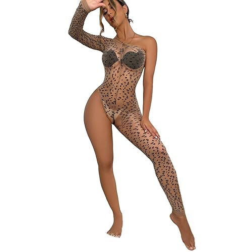 JRD&BS WINL Women's Sexy Fishnet Lingerie Underwear Bodysuit Women Babydoll Lingerie Nightwear Mesh Hollow Out Bodystocking for Women Gifts - Leopard