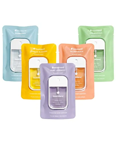 Touchland Power Mist Hydrating Hand Sanitizer Spray, BLOSSOM 5-PACK (Lavender, Vanilla, Rainwater, Peach, Applelicious), 500-Sprays each, 1FL OZ Travel Size (Set of 5)