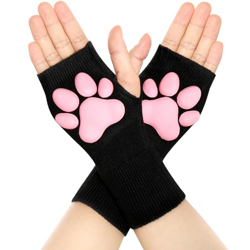 Nydotd Cat Paw Pad Mittens Gloves Kawaii Pink 3D Claw Fingerless Cute Cat Cosplay Gloves Sleeve for Girls Party - Black 2 - Short